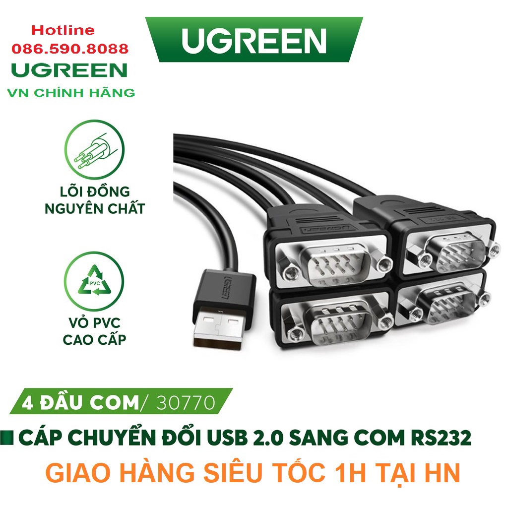 Cổng Chuyển USB 2.0 to 4 cổng Com RS232 Ugreen 30770 - Hàng chính hãng BH 18 tháng