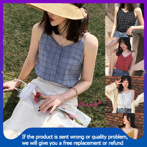 📣【Spot goods】💃Áo voan sát nách cổ chữ V in họa tiết ca rô TOS6