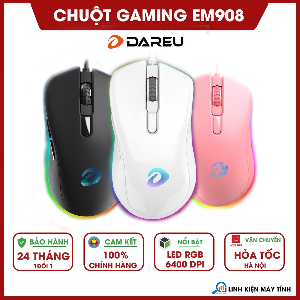 [Chính hãng Mai Hoàng] Chuột Gaming DAREU EM908 Black (LED RGB - BRAVO senso) - Bảo hành 24 tháng