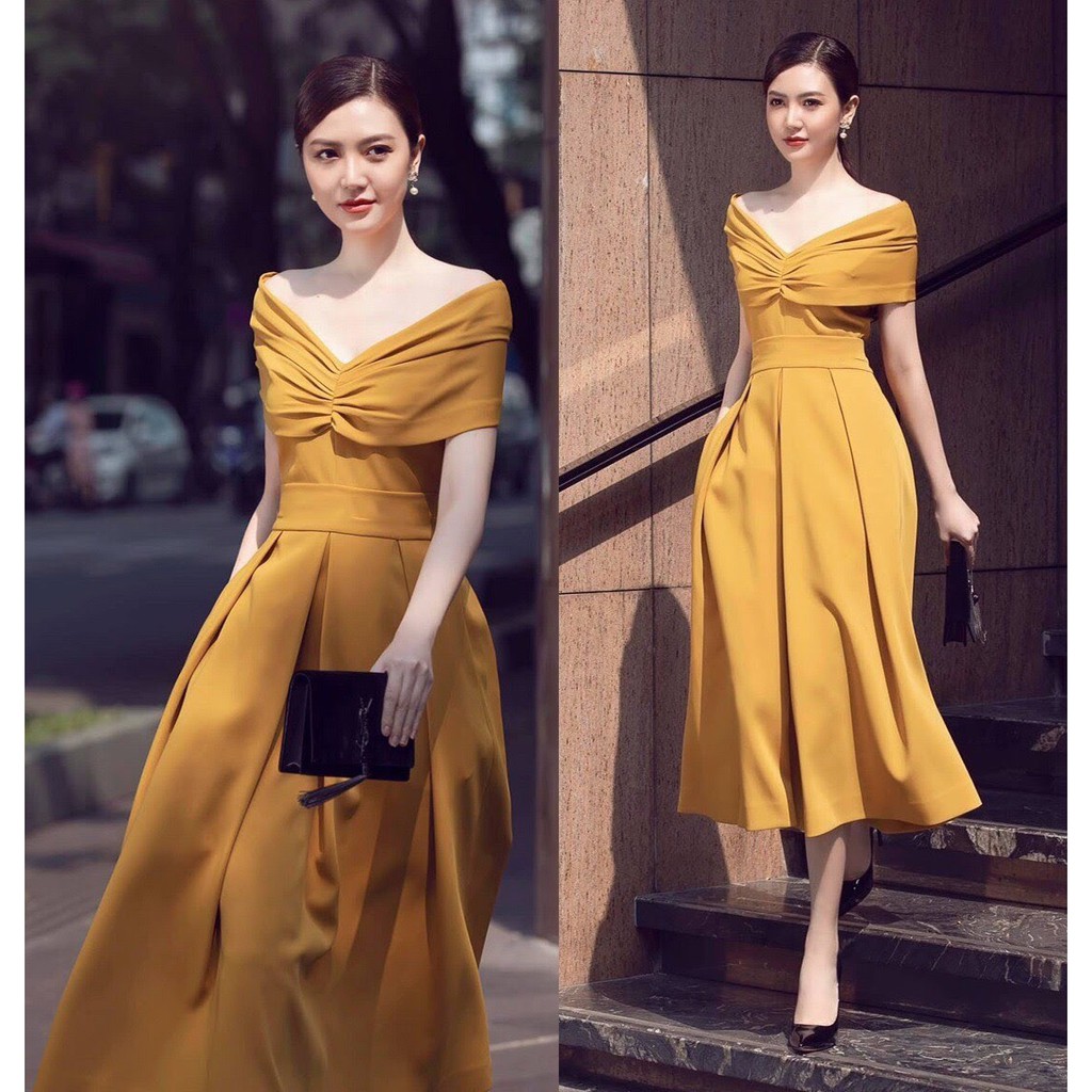 Đầm xoè dự tiệc dài hở vai ngang xếp ly ngực (HÀNG CAO CẤP) kèm ảnh thật