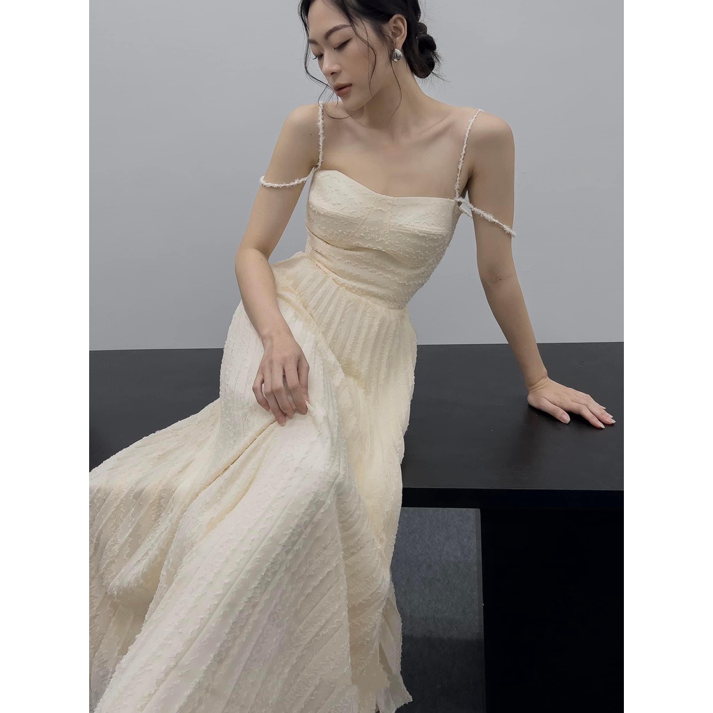 Đầm dây xếp ly dáng dài thanh lịch đầm đi tiệc đi đám cưới sang trọng màu nude