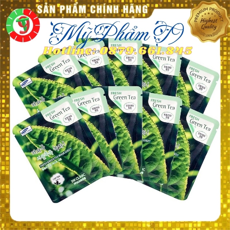 30 Mặt nạ giấy dưỡng da làm trắng và cấp ẩm chăm sóc da thiên nhiên trà xanh 3W Clinic Fresh Green Tea Mask Sheet