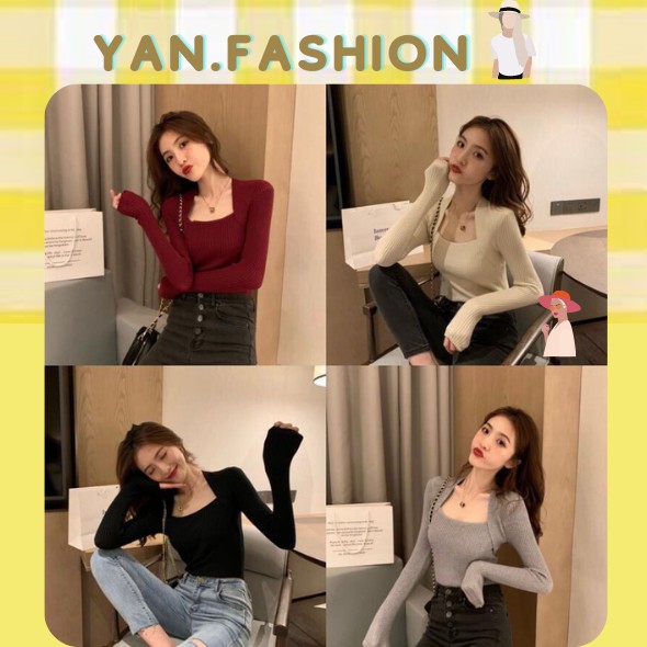 Áo Len Tăm Cổ Vuông Tay Dài Dáng Ôm Phong Cách Hàn Quốc Xinh Xắn Cho Nữ