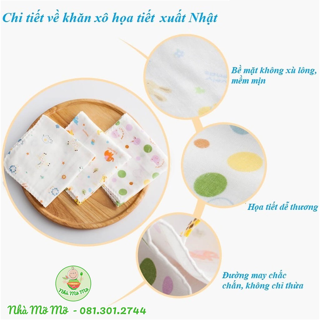 Bộ 10 Khăn Sữa Xuất Nhật 32x32cm In Hình Dễ Thương Mềm Mại Cho Bé Khăn Xô Nhật - Nhà Mỡ Mỡ