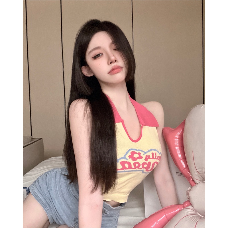 HUANG YOYO Áo Len Hai Dây Cột Nơ Màu Sắc Tương Phản Phong Cách Hàn Quốc Gợi Cảm Thời Trang Cho Nữ