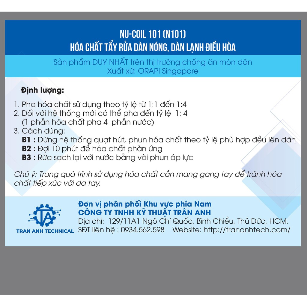 Dung dịch vệ sinh máy lạnh Nucoil  N101, Không ăn mòn, mùi dễ chịu, an toàn cho da, tỉ lệ pha khi sử dụng 1:4