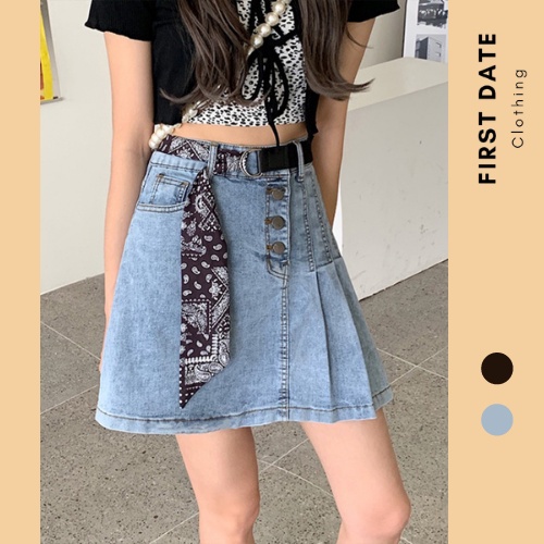 Chân váy bò Chân váy xếp li jean chữ A FIRST DATE denim cách điệu có đai cá tính