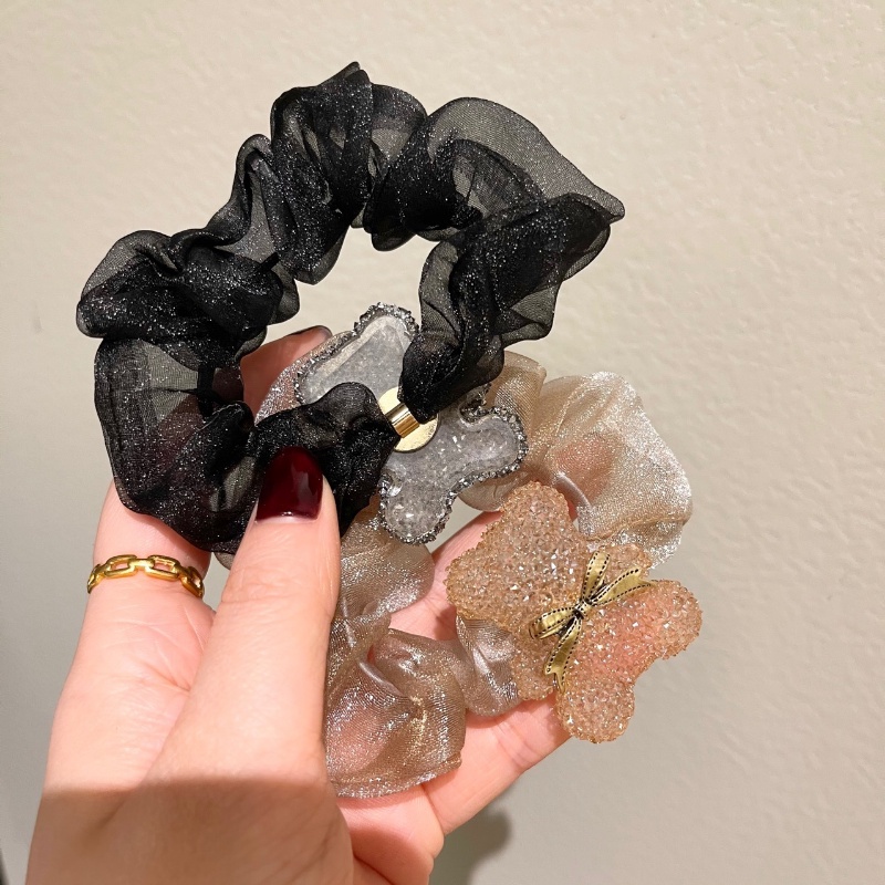 Ahellogirl Dây Buộc Tóc Co Giãn Hình Gấu Đính Đá Lưới Hàn Quốc Cho Nữ