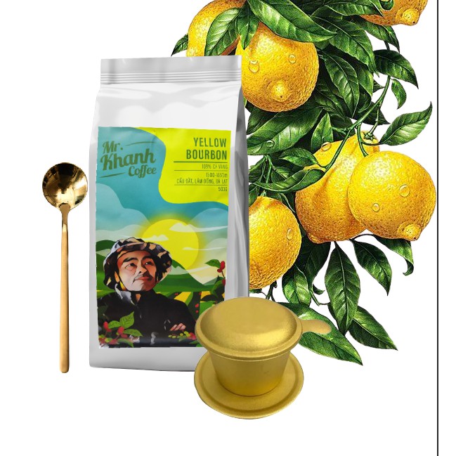 [ Mùa mới] Cà Phê Yellow Bourbon Võ Khanh Cầu Đất Arabica 100% K Phiêu (Túi 500g)- Tặng Phin và muỗng inox vàng óng ánh