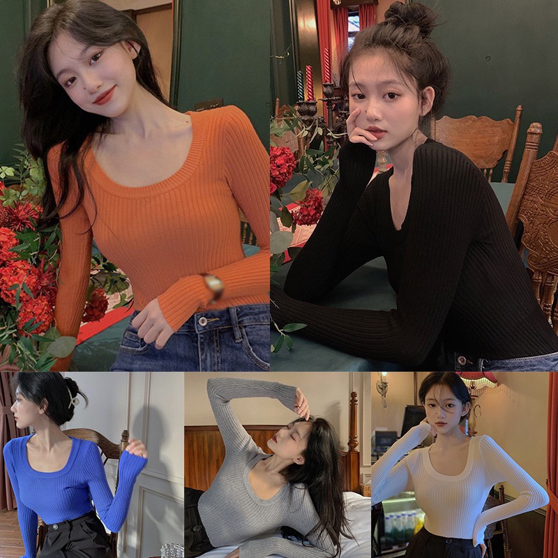 Women's U-Neck Solid Color Slim Casual Long Sleeve Knitted Tops