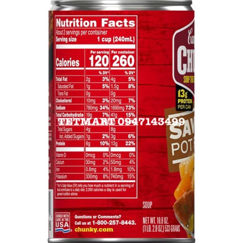 Súp thịt bò hầm rau củ quả healthy size to 533g, NK Mỹ, hãng Campbells Chunky, Savory Pot Roast, 13g protein và ít béo