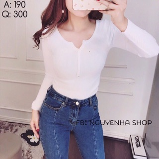 Áo len gân phối nút tay dài qc