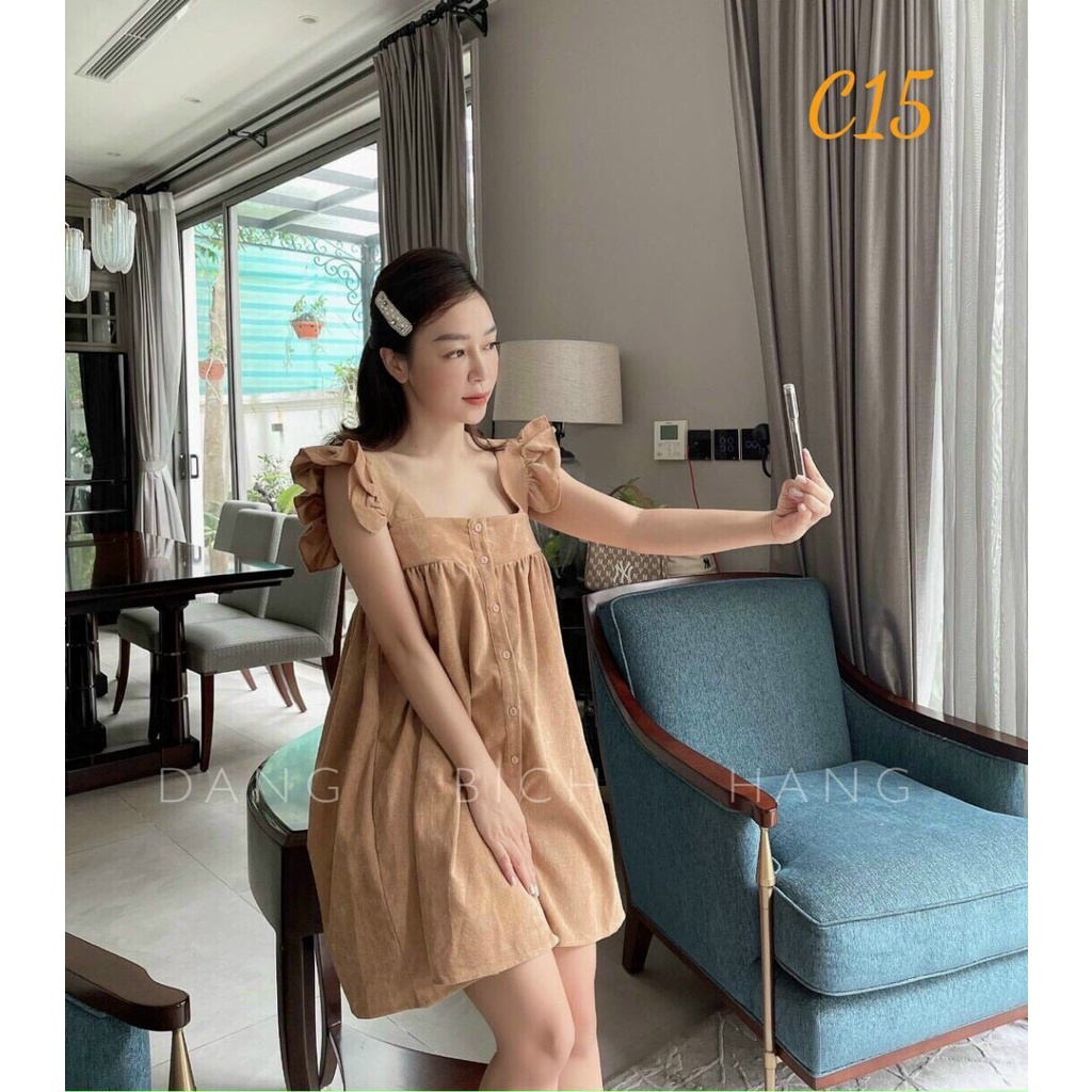 [ Miẽn phí ship 2022 ] Đầm cánh tiên nâu gài nút xinh xắn dịu dàng, váy ngắn bánh bèo đi chơi, dạo phố