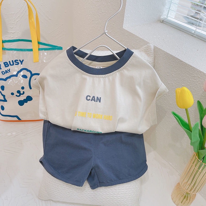 Bộ áo thun cotton ngắn tay + quần short mềm mại thoáng khí cho bé trai