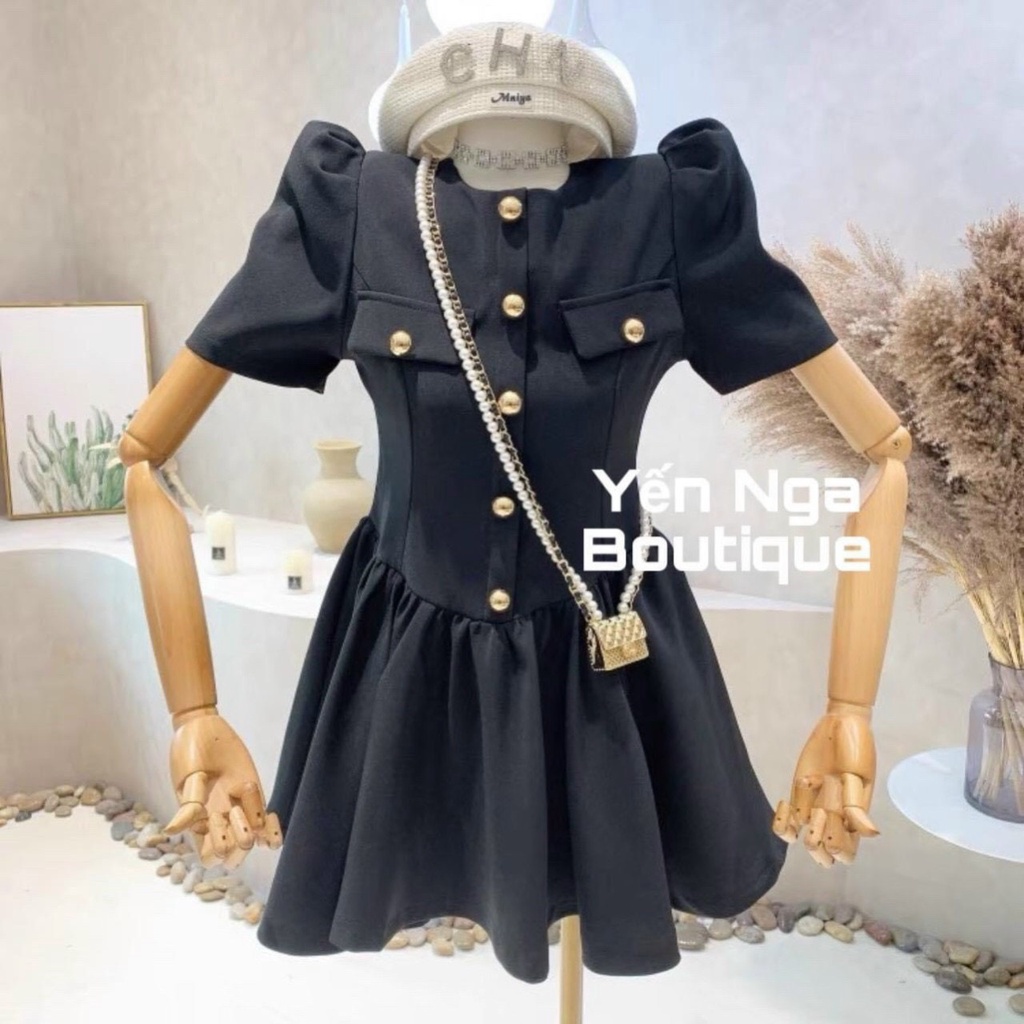 đầm xòe dập ly bo eo kiểu dính nút cổ tròn ngắn tay