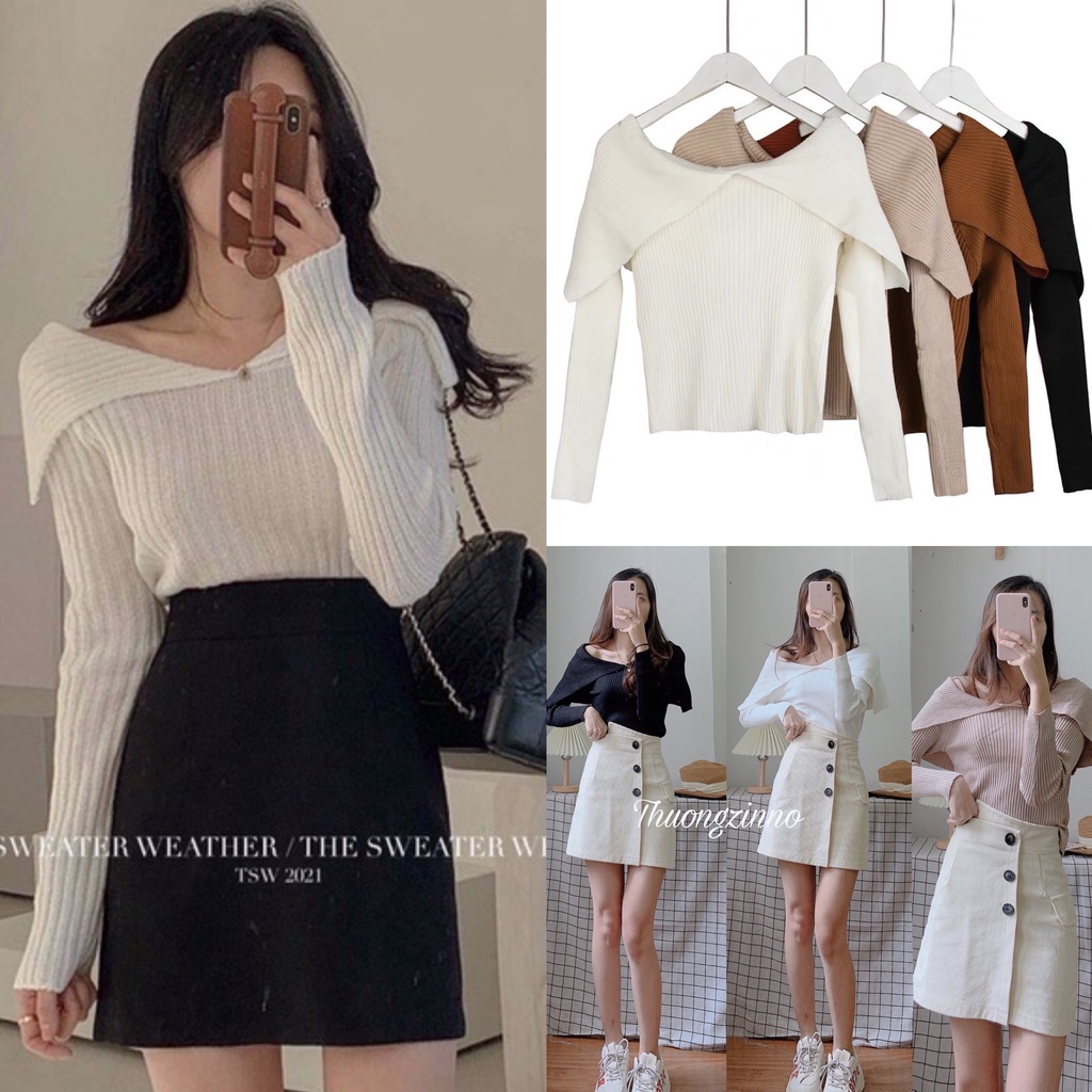 [Ảnh thật/Video] Áo len tăm kiểu mơi thiết kế cổ bẻ ulzzang Áo len tăm trễ vai Quảng Châu