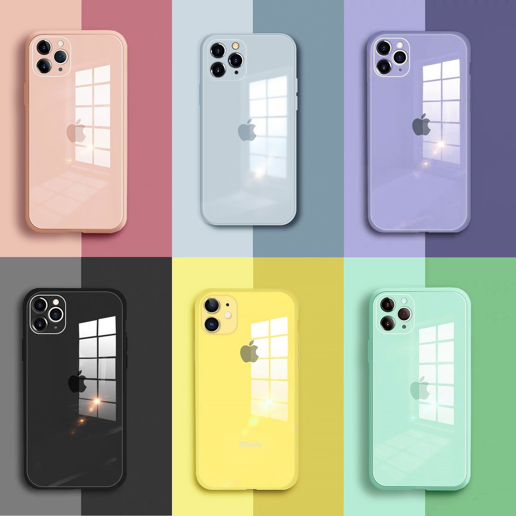 【Silicon+Glass】Glass Back iPhone Case Liquid Silicon Case Ốp Điện Thoại Tráng Gương Độc Đáo Chống Sốc Cho For Iphone 12 11 Pro Max X Xs Max Xr 8 7 Plus se2020 iphone6 6s case phone hard covre FF