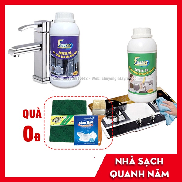 (TIẾT KIỆM 20K) Combo Nước Tẩy Dầu Mỡ Nhà Bếp &amp; Nước Tẩy Inox Gỉ Sét, Tẩy Cặn Canxi Trên Inox Chai Lớn Faster 500ml