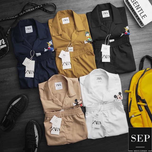 Set bộ unisex Mickey & Donald chất liệu sợi tre nhẹ mát, 1 set bao gồm 1 áo somi cổ danton & 1 quần short | BigBuy360 - bigbuy360.vn