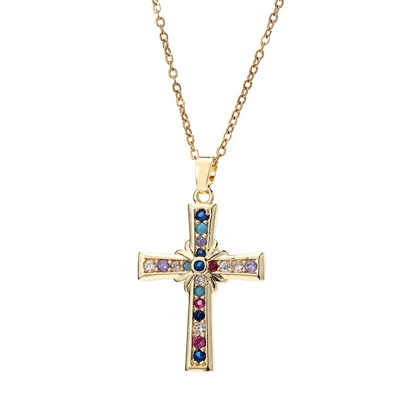 ❤zheting❤ Vòng cổ Thép Titan Mạ Vàng 18K Mặt Thánh Giá Đính Đá zircon Thời Trang
