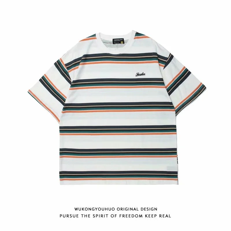 Áo thun tay ngắn họa tiết kẻ sọc phong cách Hàn Quốc trẻ trung cho nam size M-2XL | BigBuy360 - bigbuy360.vn