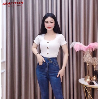 Aó Thun Cổ Vuông Tay Ngắn Thun Gân Thiết Kế CRAZYTEEN (AC0209)
