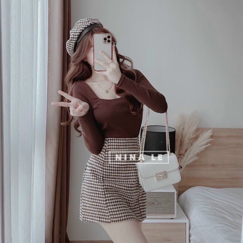 (Shop bigsize nữ 50kg-90kg) Set áo thun gân tay dài mix chân váy A caro