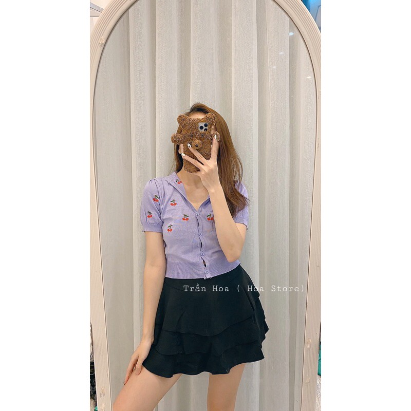 [Mã FASHIONT4WA2 giảm 10K đơn 50K] Áo len mông cộc tay cổ V quả cherry (thêu) (1501#) | BigBuy360 - bigbuy360.vn