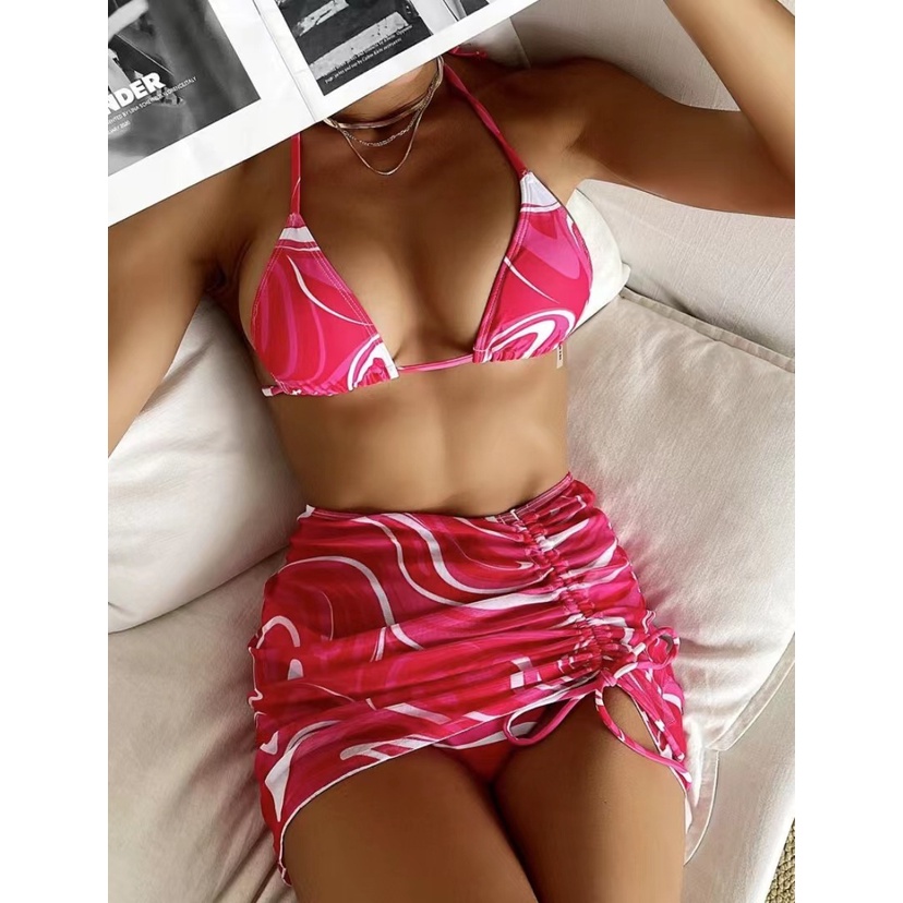 [BKN1420] &lt;ÂU&gt; SET BIKINI 3 MÓN ĐỎ MIX TRẮNG KÈM CHÂN VÁY RÚT HÔNG