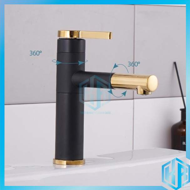 Vòi lavabo nóng lạnh bằng đồng hình trụ tròn 20cm sơn tĩnh điện đen vàng cao cấp