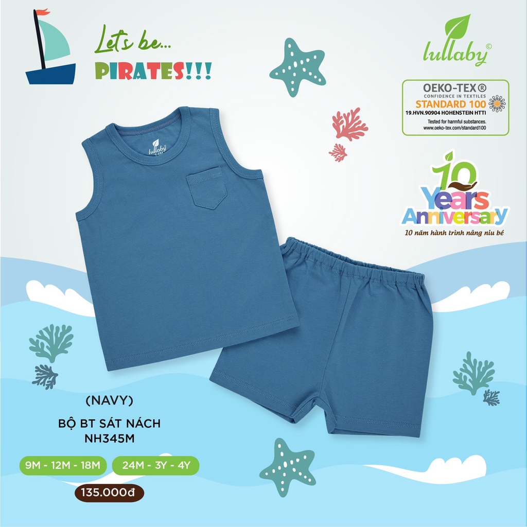 Bộ cộc tay ba lỗ bé trai, gái vải thở Pointelle mềm mới Lullaby cao cấp in họa tiết cho bé trai bé gái NH02B NH345M