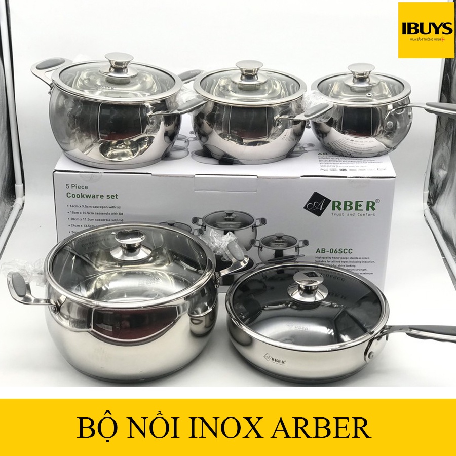 [BH CHÍNH HÃNG 12 THÁNG]Bộ nồi từ 5 chiếc cao cấp kiểu dáng sang trọng  ARBER ,chất liệu inox 304 thép ko gỉ, đáy 3 lớp