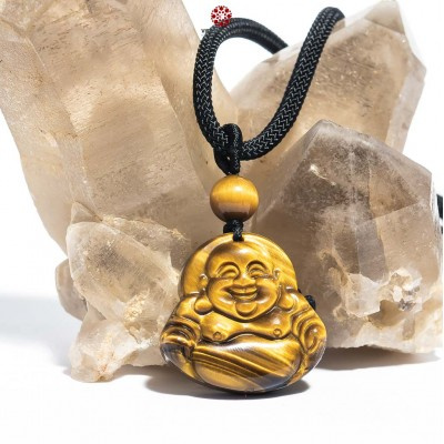 Mặt Dây Chuyền Phật Di Lặc đá Mắt Hổ Nâu Vàng thiên nhiên Tặng kèm dây đeo sang trọng - Hợp mệnh Kim, Thổ