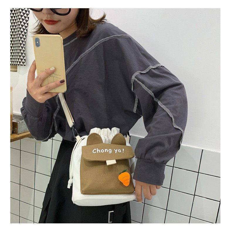Túi đeo chéo rút miệng phong cách xách Nhật Bản thời trang cho nữ Vải Canvas Tặng Kèm Sticker phong cách nhật bản