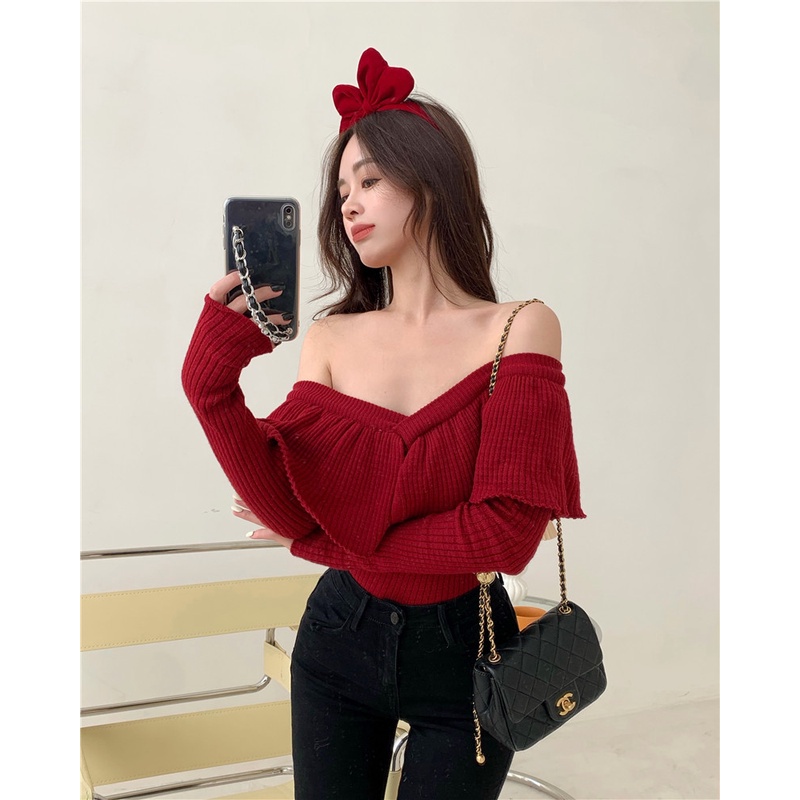 QKOOLE  Áo dệt kim cổ chữ V viền bèo nhún điệu đà phong cách Hàn Quốc