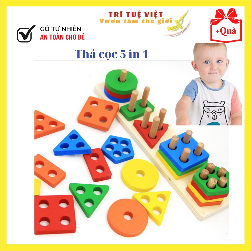 Đồ Chơi cho bé thả cọc hình khối chữ nhật 5 trong 1 đồ chơi Montessori Phân Loại an toàn trẻ 0 đến 6 tuổi TRITUEVIET