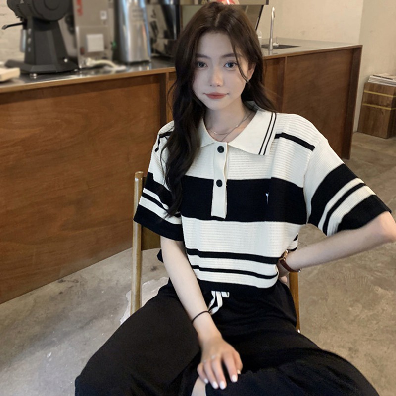 Áo Thun Dệt Kim Tay Ngắn Dáng Rộng Họa Tiết Kẻ Sọc Thời Trang Hàn Quốc Xinh Xắn Cho Nữ