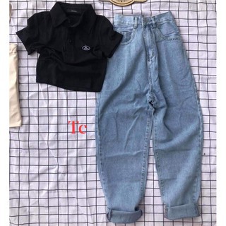 Sét Quần Baggy Bò Xanh Kèm Áo Croptop Lô Gô