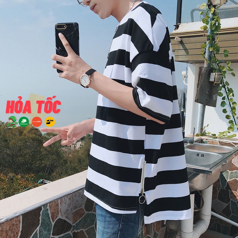 Áo Thun unisex tay lỡ kẻ sọc trắng đen ziptee