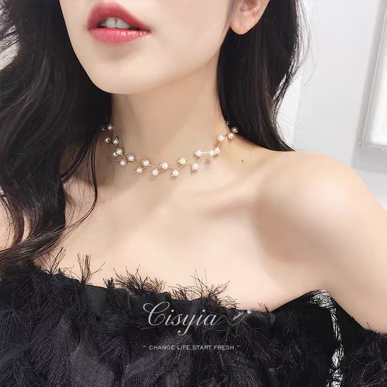 Vòng Cổ Choker Đính Hạt Ngọc Trai Đơn Giản Thời Trang