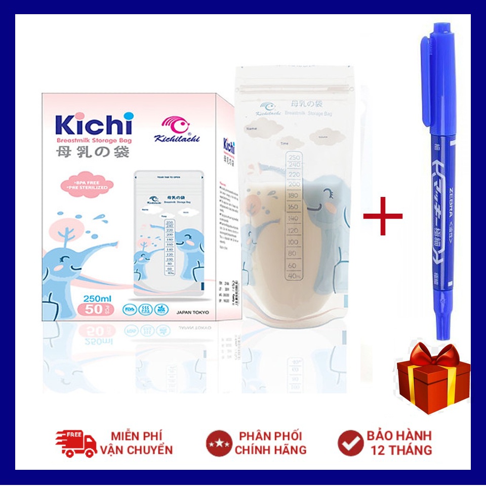 (Tặng kèm 01 bút dấu) Hộp 50 túi trữ sữa Kichi dung tích 250ml họa tiết Voi con đáng yêu
