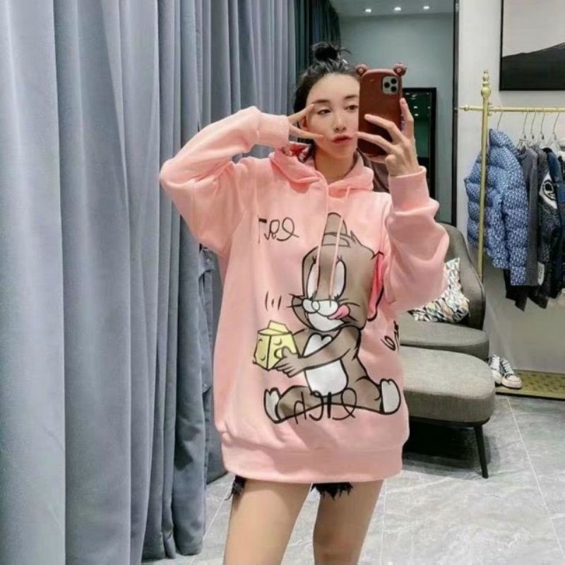 Áo hoodie nữ form rộng in hình chuột kute thời trang Hàn co video ảnh thật