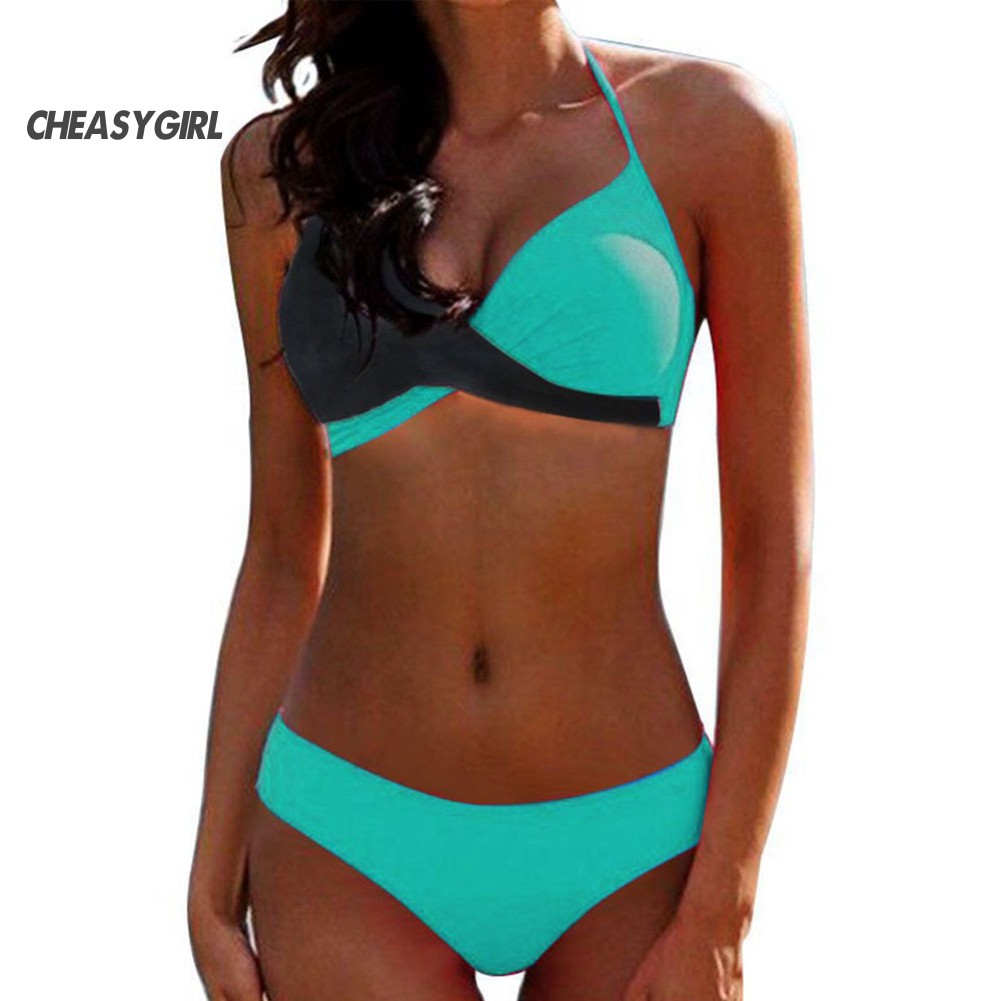 Bộ bikini 2 mảnh áo cổ treo phối màu + quần lót quyến rũ cho nữ | BigBuy360 - bigbuy360.vn