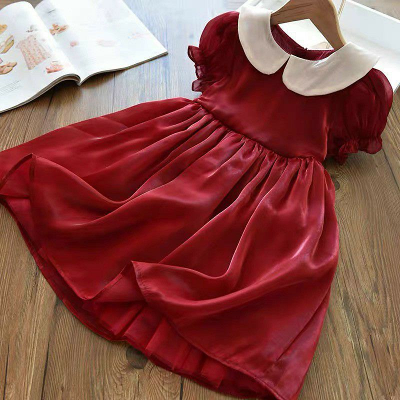 VÁY TƠ ĐỎ BÉ CỔ SEN MÀU BE CHO BÉ GÁI