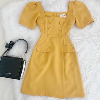 Đầm cổ vuông nút bọc 2 màu (kèm hình thật)