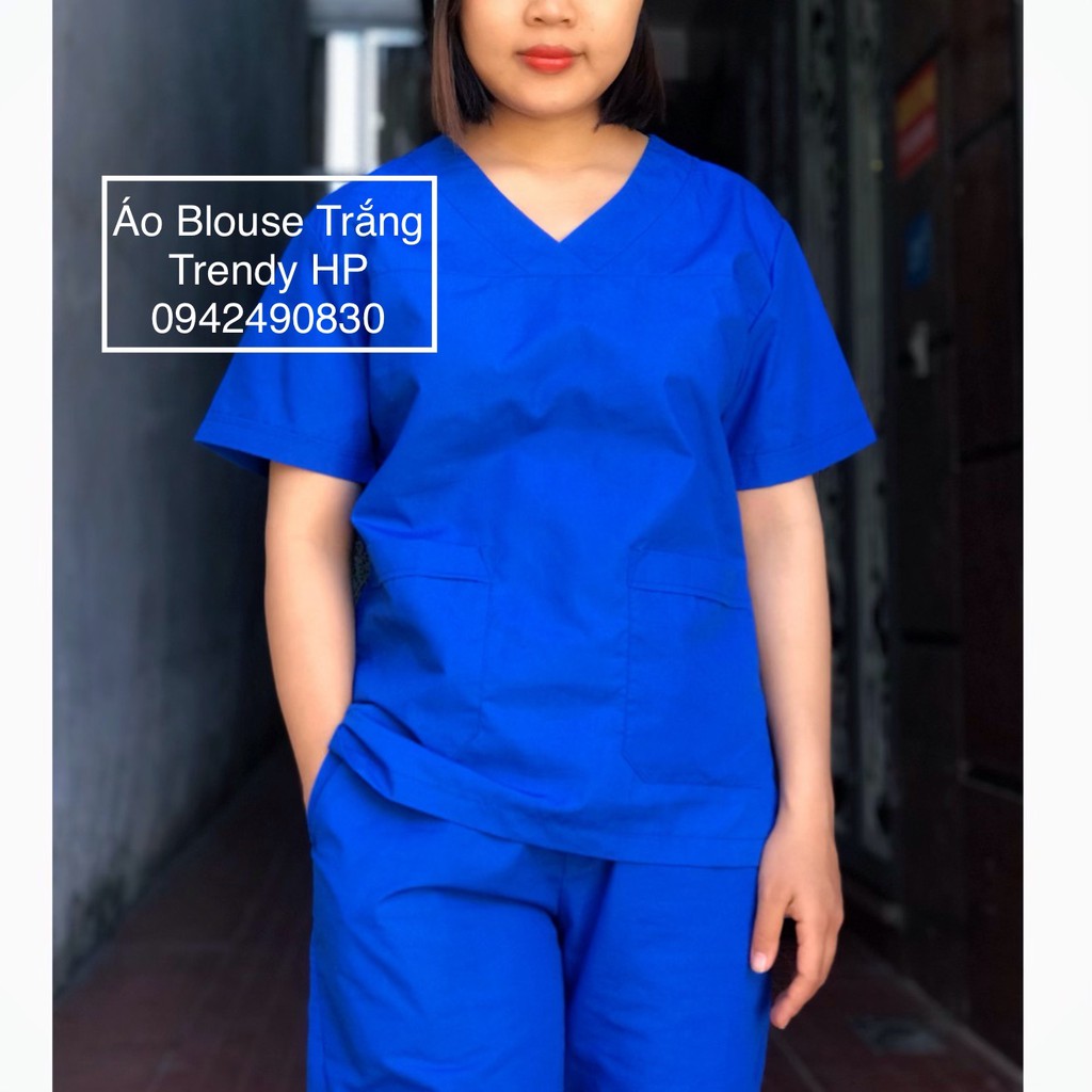 Bộ scrubs - bộ quần áo cổ tim nam nữ màu xanh lam (xanh đoàn) cho bác sĩ, điều dưỡng, phục hồi viên