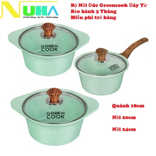 Nồi đúc đáy từ chống dính men đá xanh ngọc GreenCook GCS05 size 18-20-24 cm công nghệ Hàn Quốc