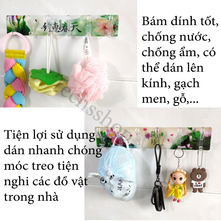 Miếng Dán Tường 6 Móc Trong Suốt Và Hoa Văn Nhiều Mẫu Treo Quần Áo, Đồ Đạc Trong Nhà Tắm Nhà Bếp