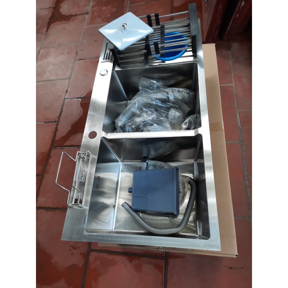 Chậu rửa bát Inox SUS 304 KOREA đúc 2 hố 100x48 có Cài dao, Cài thớt, Hố đựng rác - Chậu dày, Chống ồn