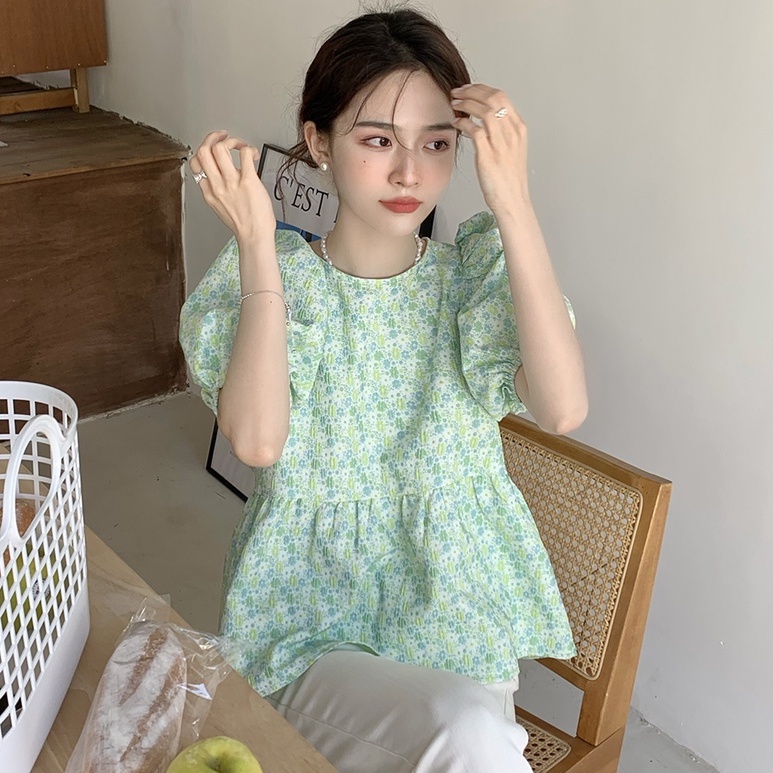 Áo Kiểu Búp Bê Tay Ngắn Thắt Nơ Sau Lưng Màu Xanh Lá Dễ Thương 49529